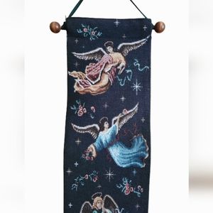 Christmas Wall Decor Woven Fabric Angels on High Dark Bell Pull